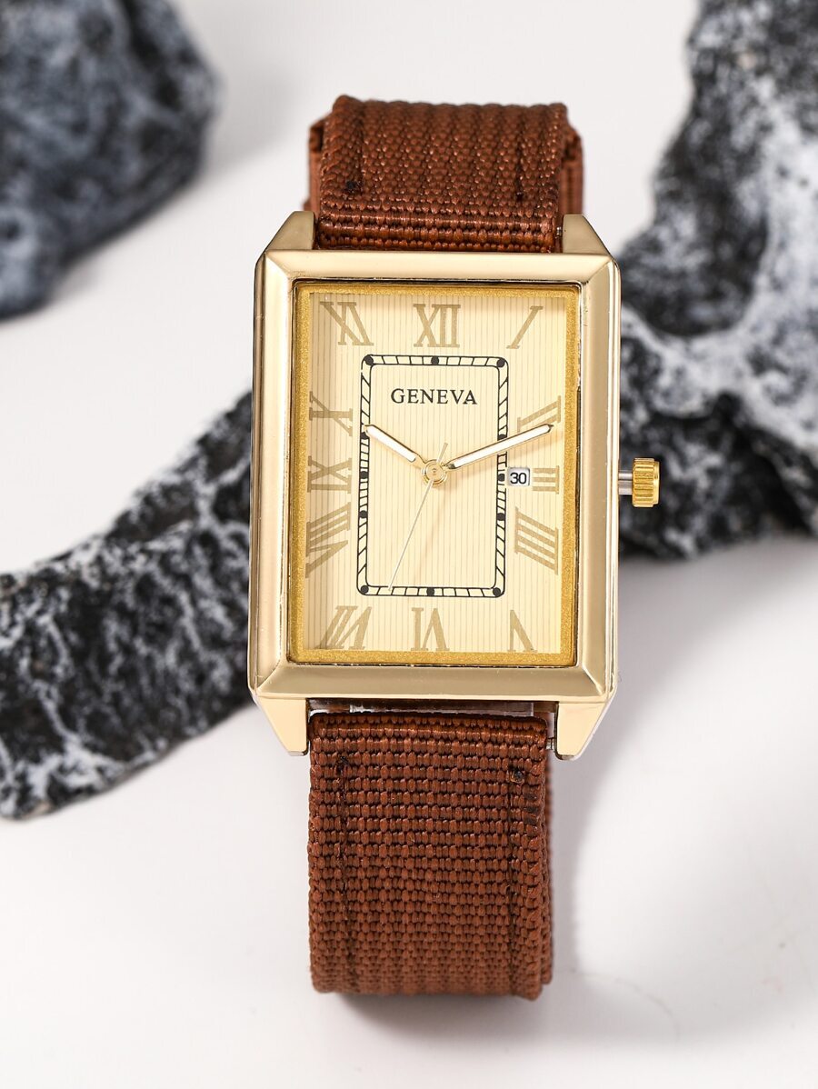 腕時計 メンズ クォーツ 1個 ナイロンストラップ長方形クォーツ腕時計 メンズ、ファッショナブルなローマ数字ダイヤル カジュアルな拍卖