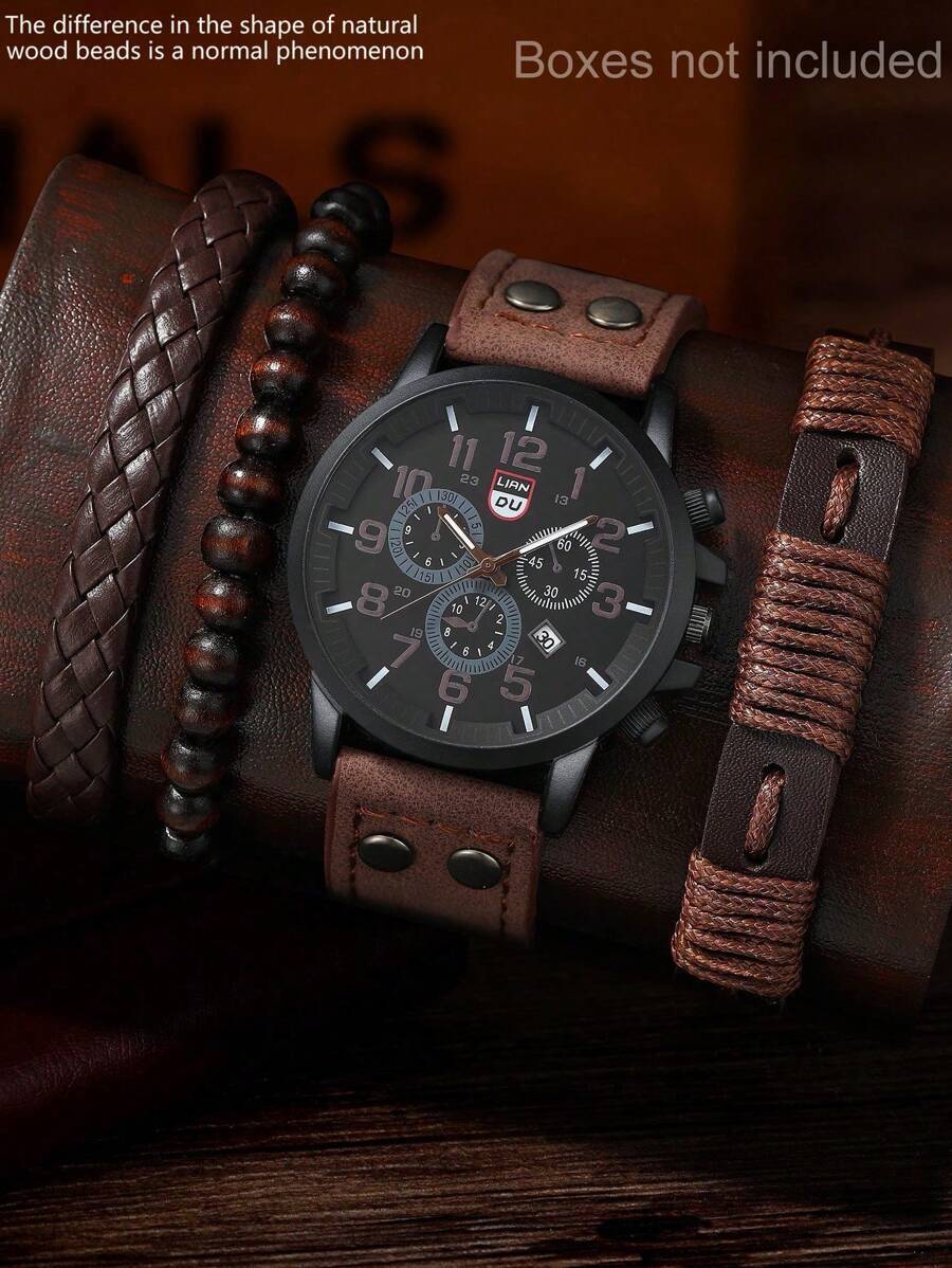 腕時計 メンズ セット 1セット メンズ腕時計 カレンダー スポーツ カジュアル アラビア数字 ラウンドダイヤル PUストラップ拍卖