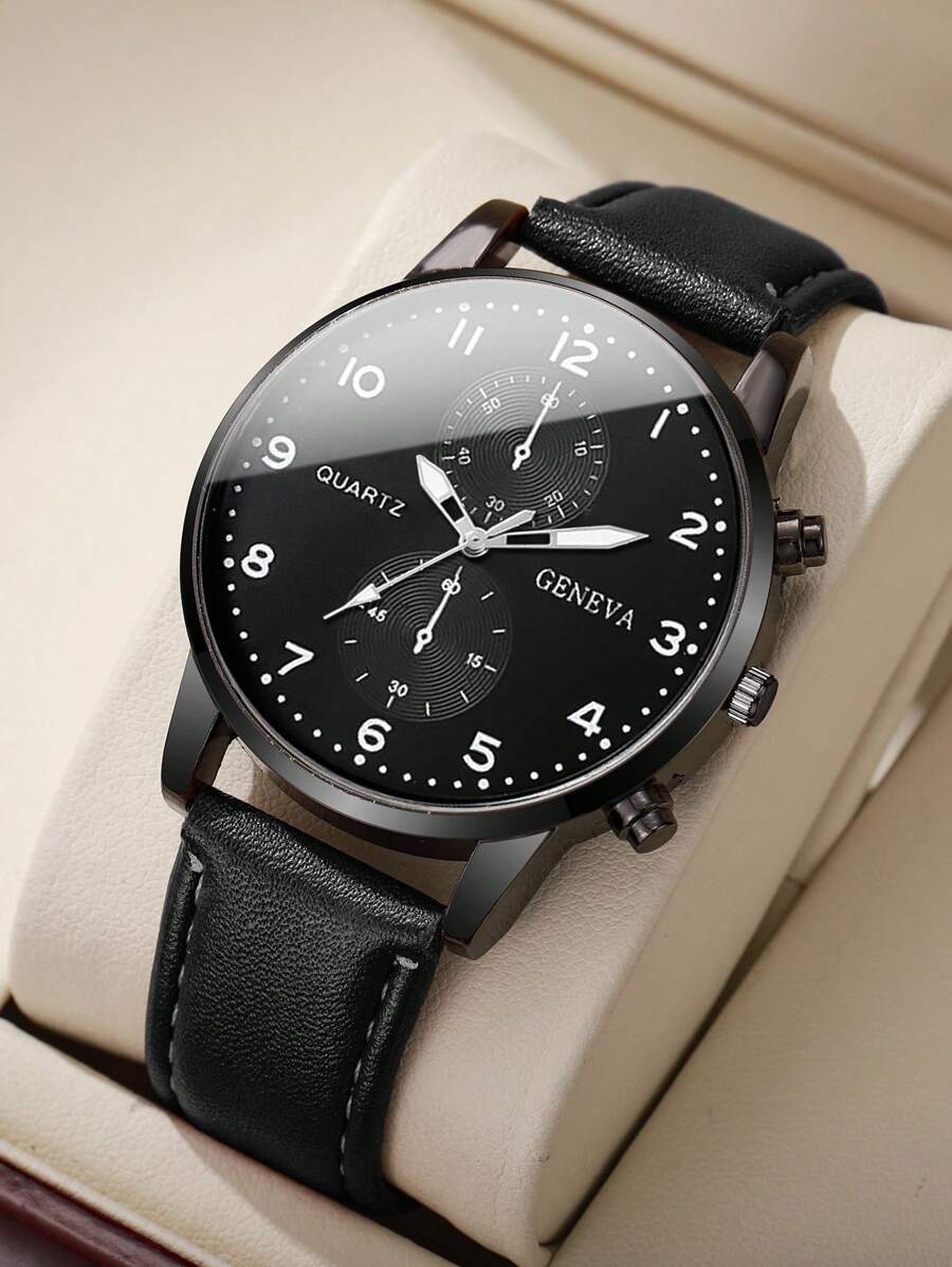 腕時計 メンズ クォーツ 1セット メンズ ファッション カジュアル レザーベルト&クォーツ腕時計、ミニマリストダイアルデザイン(拍卖