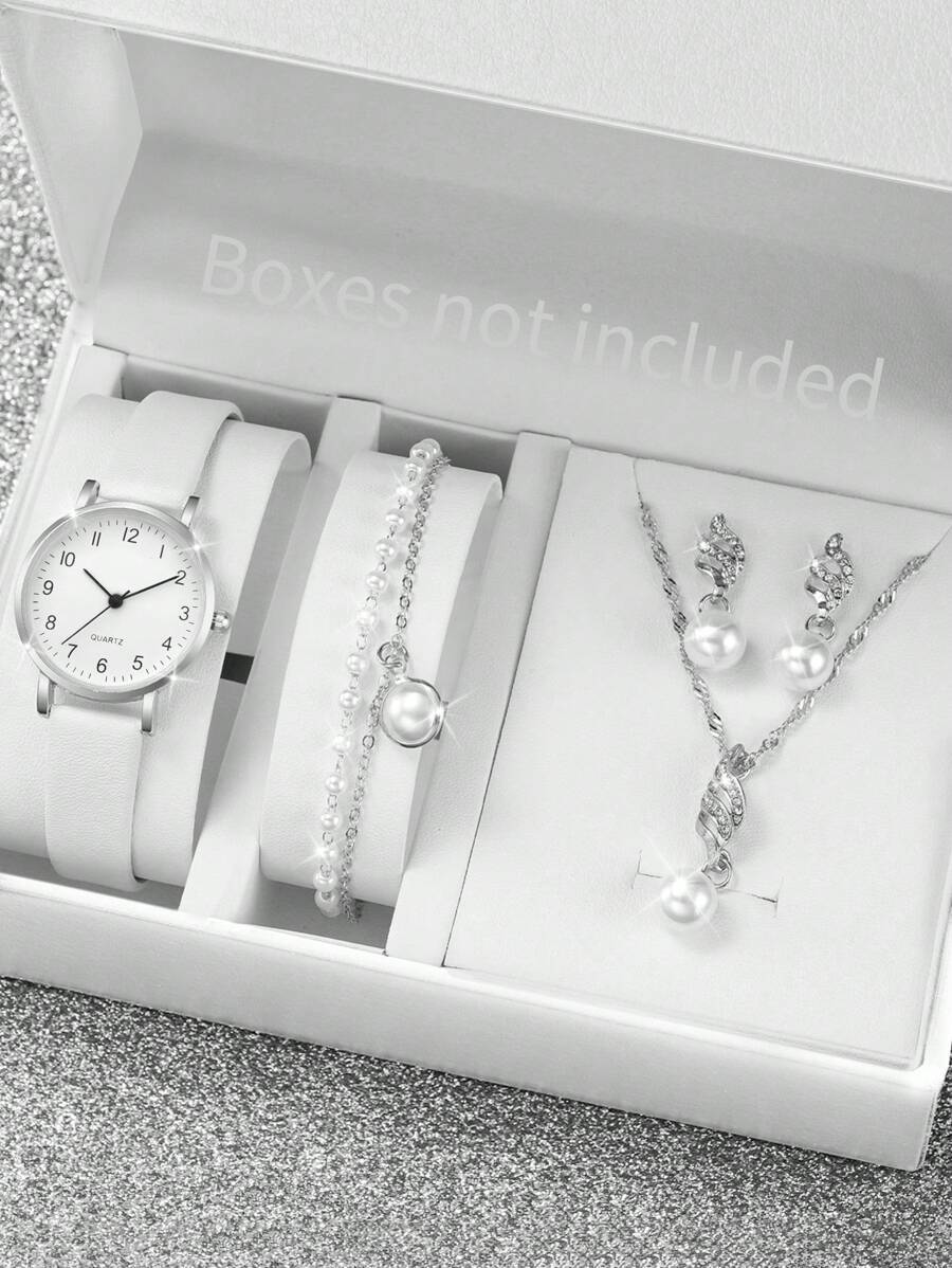 腕時計 レディース セット 女性用レザーバンド ミニマリストデザイン 数字インデックス クォーツ腕時計 ジュエリーセット (5個セ拍卖