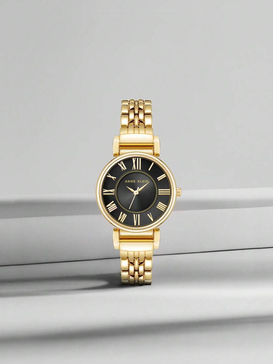 腕時計 レディース クォーツ レディースゴールドトーンブレスレットウォッチ、ローマ数字、ブラックダイヤル、レディース用防水ウォッチ拍卖