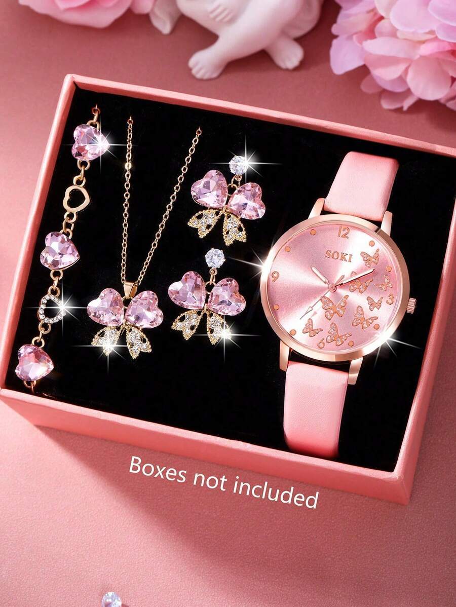 腕時計 レディース セット 蝶モチーフ クォーツ腕時計セット、エレガントでラグジュアリーなピンクキュービックジルコニア装飾蝶ハート拍卖