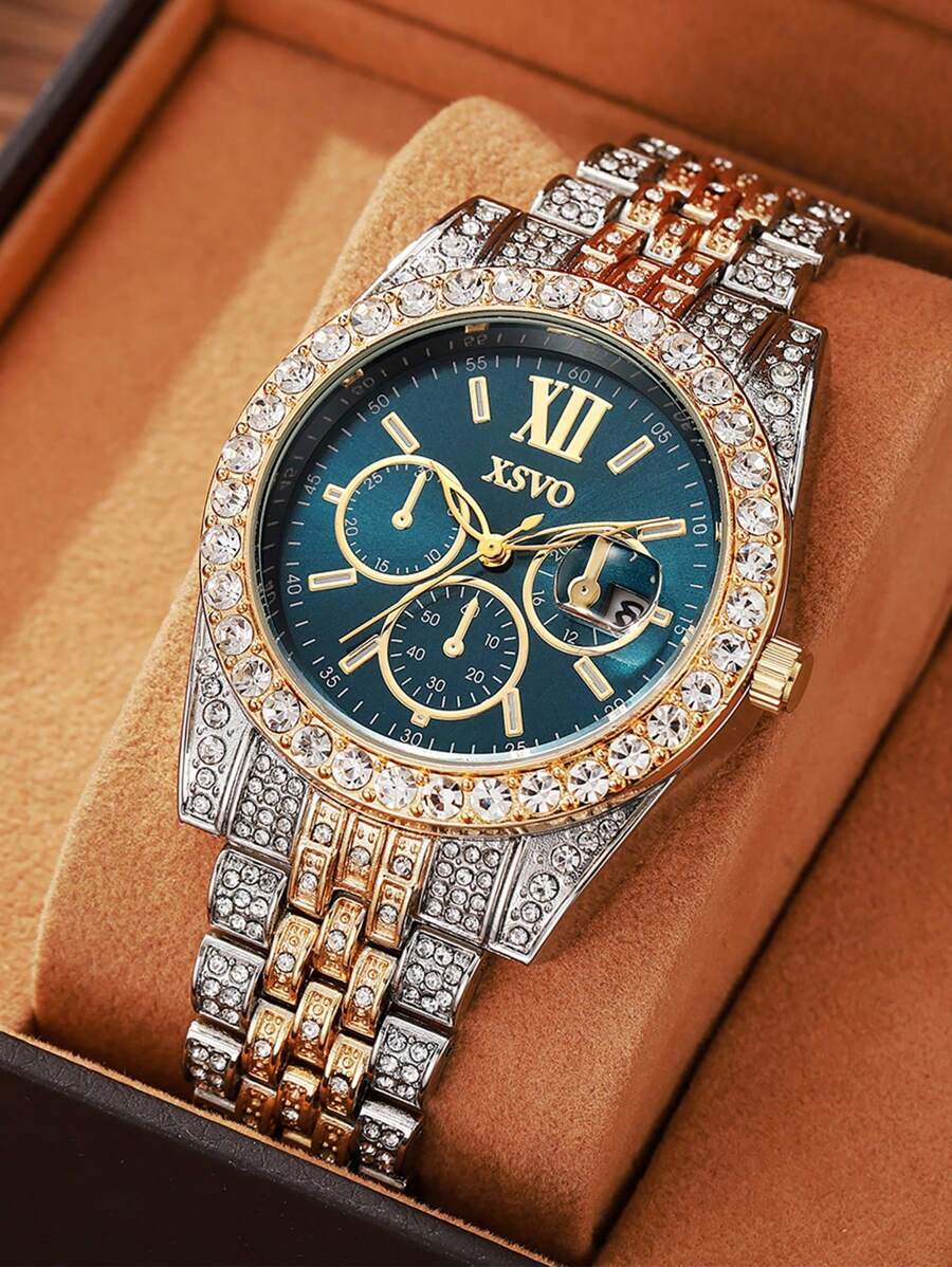 腕時計 メンズ クォーツ 1個 メンズファッションビジネス ローマ数字ダイヤル フルダイヤモンド クォーツ スチールバンド 腕時計拍卖