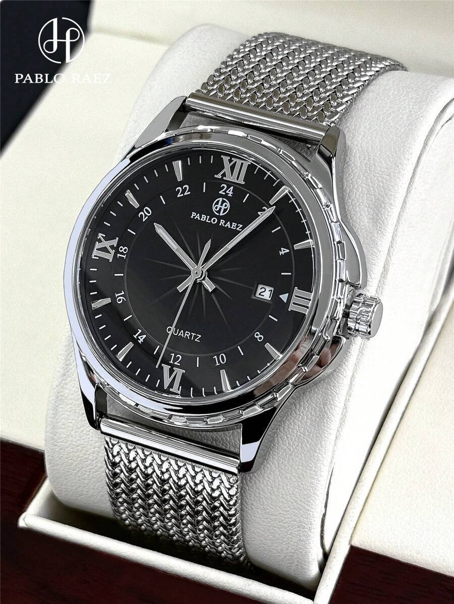 腕時計 メンズ クォーツ 1個 メンズ腕時計 ビジネス用 ステンレススチール SUS304 シルバーケース ラグジュアリー ブラッ拍卖