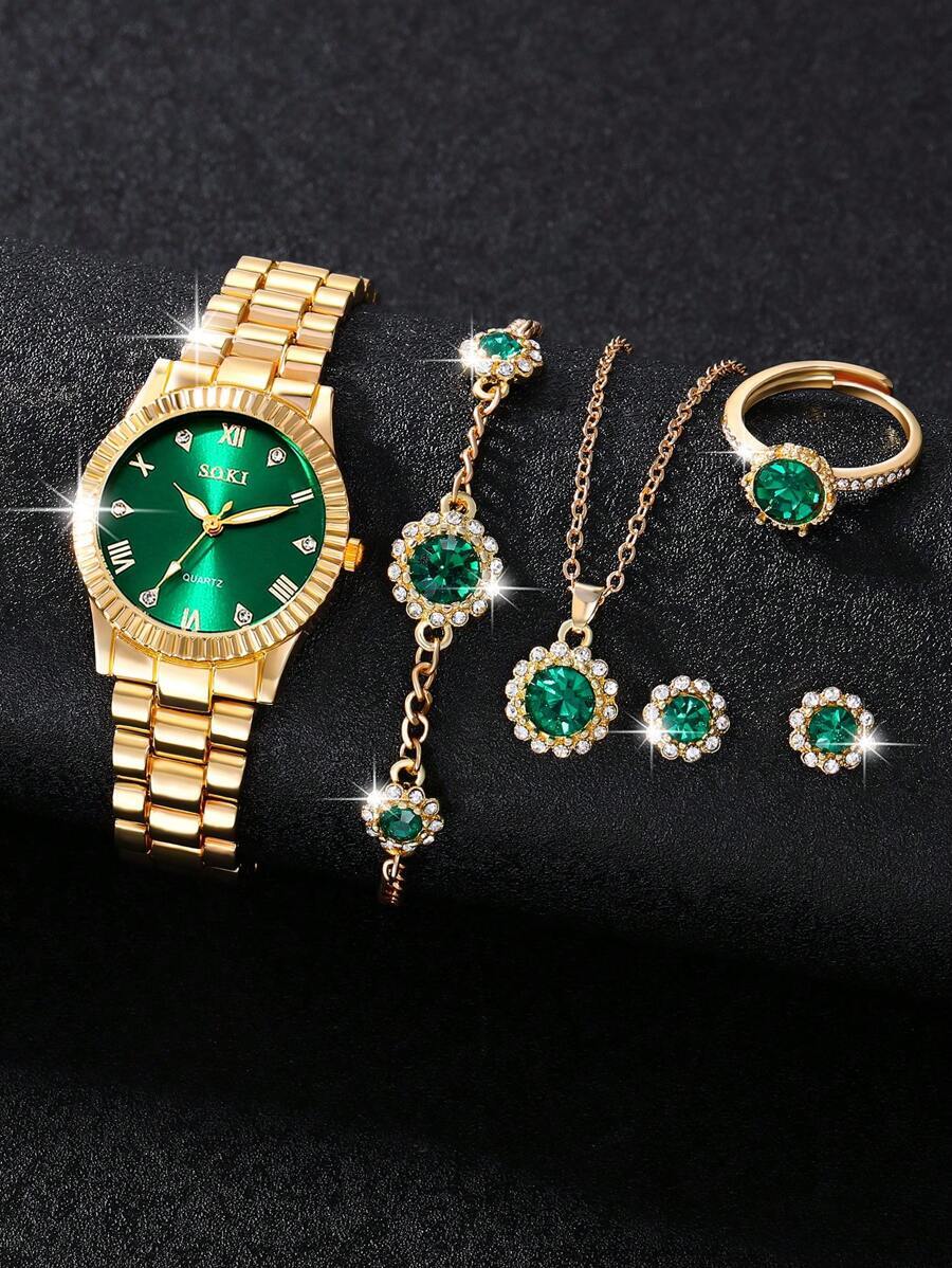 腕時計 レディース セット 1セット レディース腕時計 ジンクアロイストラップ ラインストーン装飾 丸型ダイヤル クォーツ腕時計拍卖