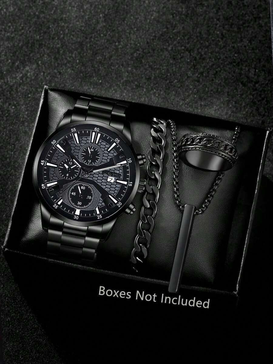 腕時計 メンズ セット ファッショナブルな1セット メンズクォーツ腕時計 カレンダー機能付き ジンクアロイケース&ブレスレット、丸拍卖