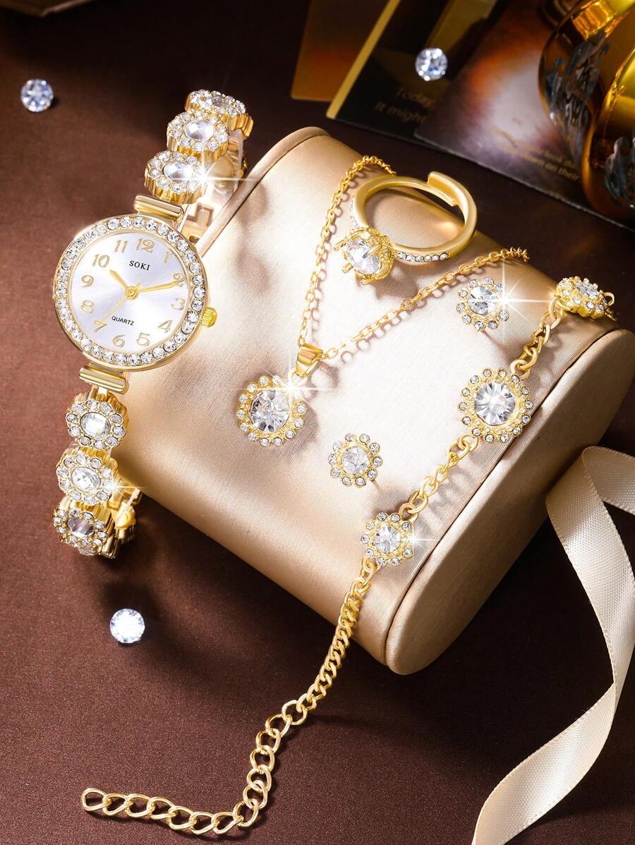 腕時計 レディース セット 1セット レディース腕時計 レディース ラグジュアリー ラインストーン装飾デジタル文字盤クォーツ腕時計拍卖