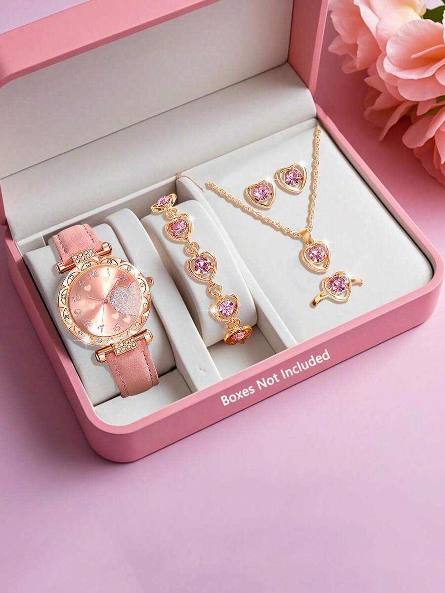 腕時計 レディース セット レディース腕時計セット、ピーチ型ダイヤル、ネックレス、ピアス、ブレスレット、リング付き、カジュアル ク拍卖