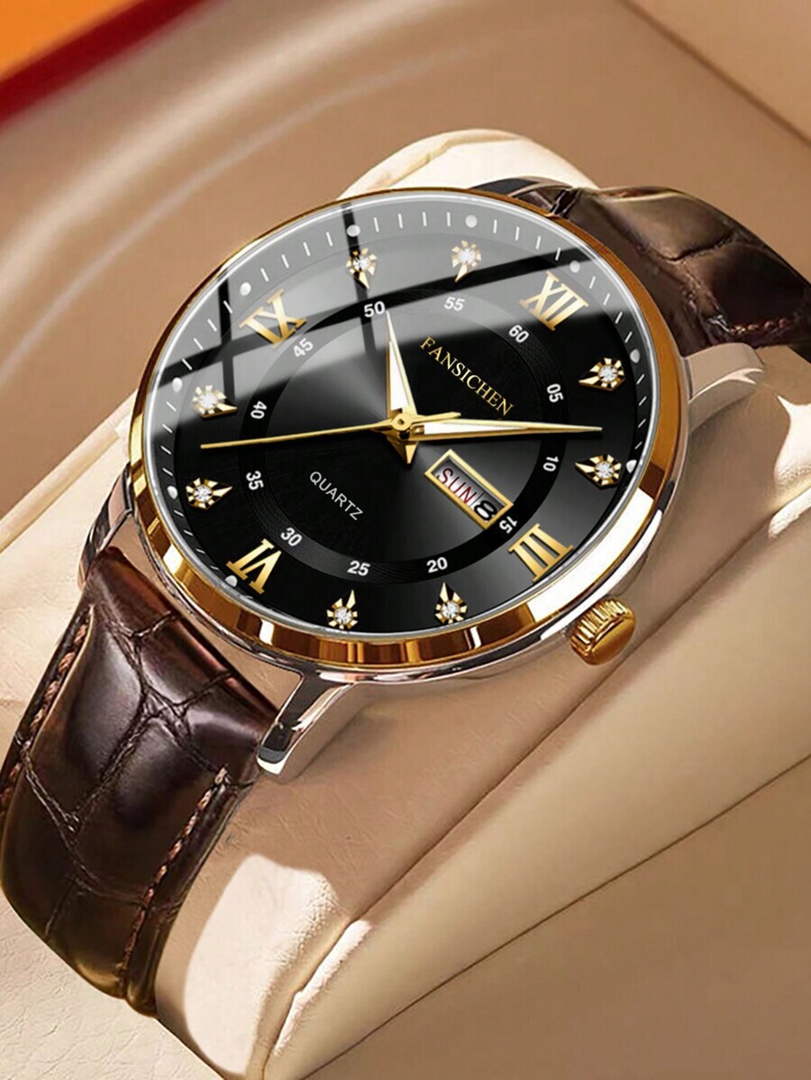 腕時計 メンズ クォーツ 新作 防水発光腕時計、メンズクォーツ時計 デュアルカレンダー付き、ブラック&ブラウンレザーストラップ、超拍卖