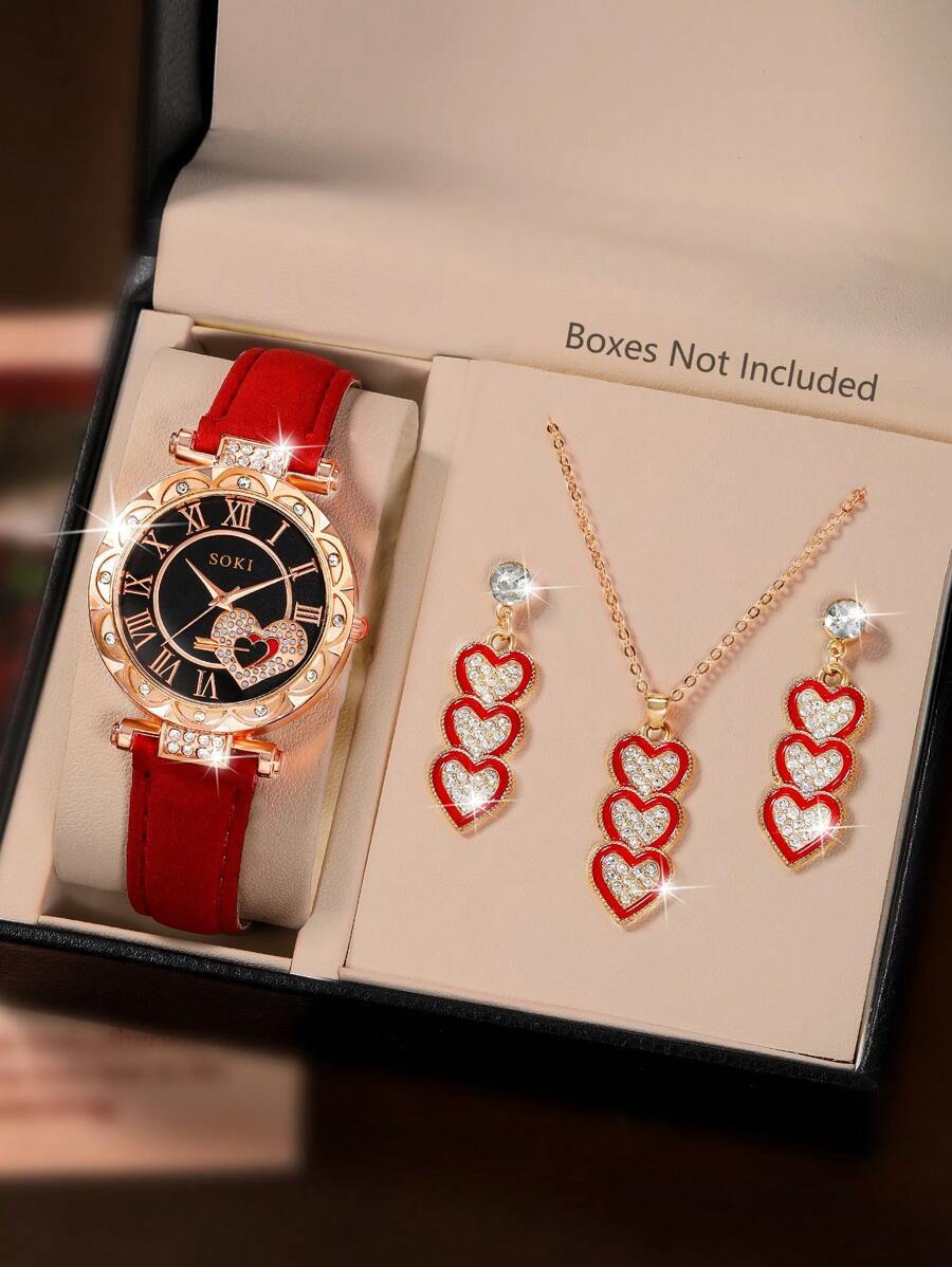 腕時計 レディース セット 最新のクリエイティブラブタッセルネックレス、ピアスアクセサリーセットと女性用ファッションカジュアル腕時拍卖