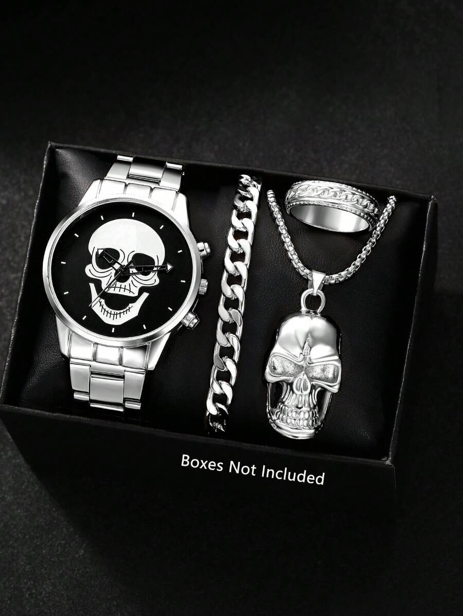 腕時計 メンズ セット メンズウォッチ 1セット パーソナライズ スカル 円形 クォーツ 腕時計 ペンダントネックレス リング ブ拍卖