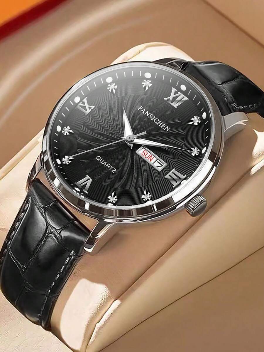 腕時計 メンズ クォーツ 新作 防水 発光 メンズクォーツ腕時計 デュアルカレンダー ブラック/ブラウンストラップ 薄型クォーツ腕拍卖