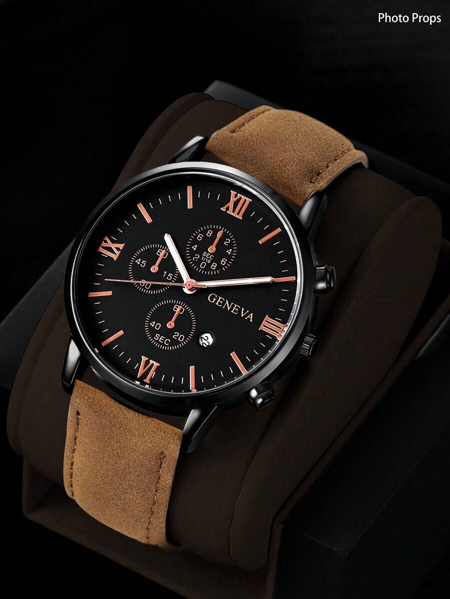 腕時計 メンズ クォーツ 1個 メンズ腕時計 カレンダー機能 スタイリッシュな丸型ダイヤル クォーツ時計 PUストラップ 日常着用拍卖