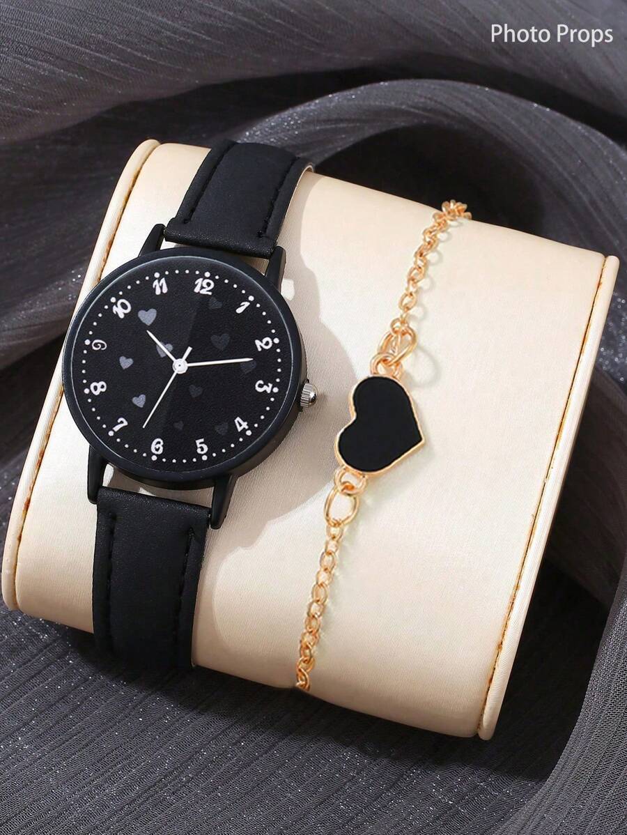 腕時計 レディース セット 1セット レディース腕時計 ブラックPUレザーストラップ腕時計とブレスレットセット、日常着用に最適、誕拍卖