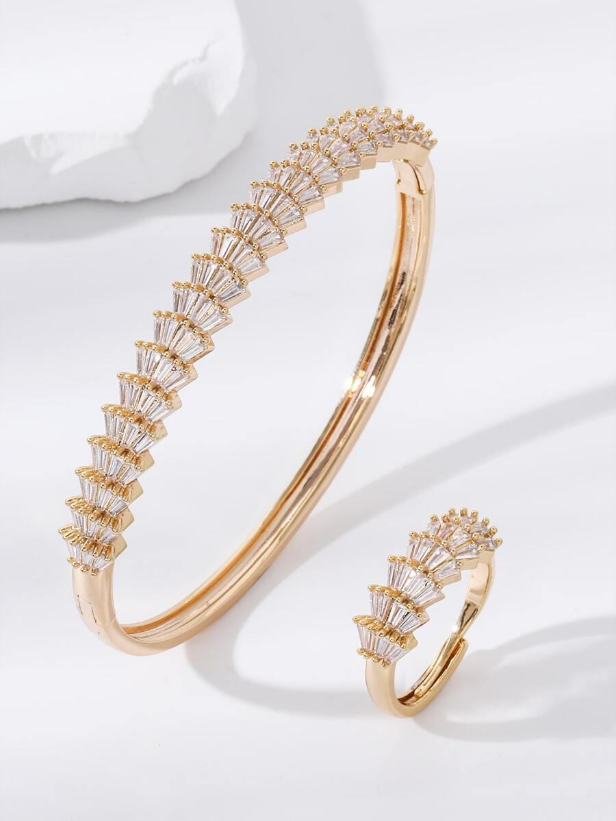 ジュエリー レディース セット 14kゴールドコーティング ファン型ジルコニア付き腕輪と指輪セット 韓国風ハイエンドラグジュアリー拍卖