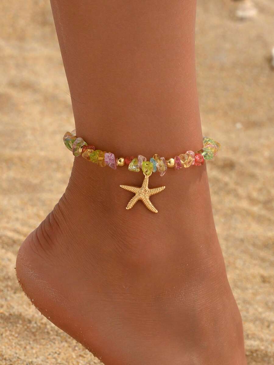 ジュエリー レディース フットアクセサリー 1個 サマービーチバケーションスタイル カラフルなターコイズ ビーズアンクルチェーン、拍卖