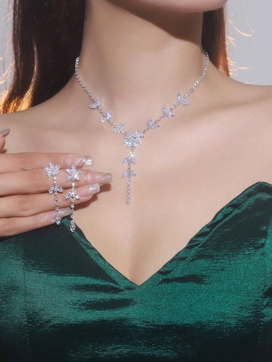 ジュエリー レディース セット 1セット ファッション ラグジュアリー パーティー用ラインストーンネックレス、ピアスセット - 女拍卖