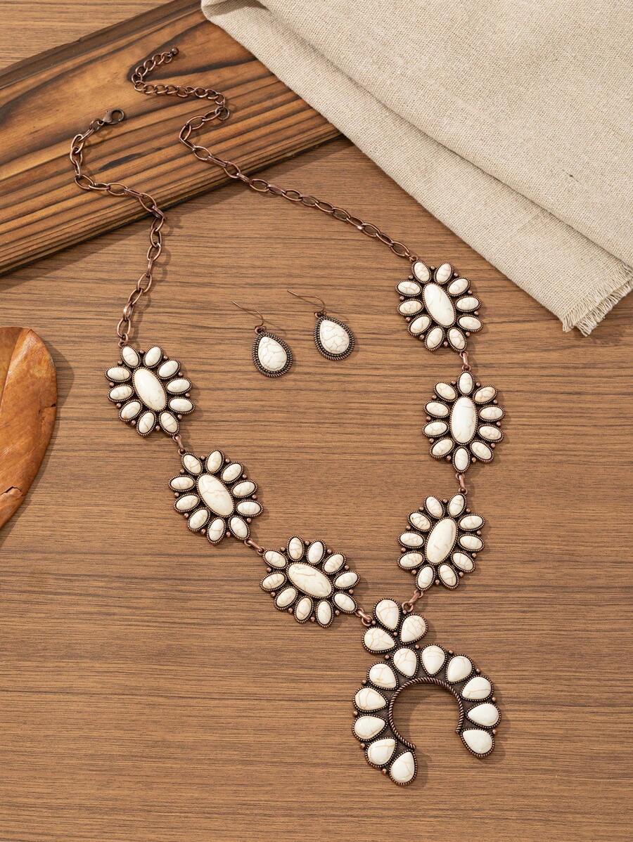 ジュエリー レディース セット 1セット ボヘミアン調ヴィンテージ ターコイズジンクアロイ蹄鉄型ネックレス&ピアスジュエリーセット拍卖