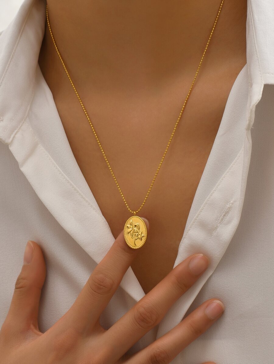 ジュエリー レディース ネックレス ペンダント 18Kゴールドプレート シンプルで美しい花柄ステンレスリリーペンダントネックレス、拍卖