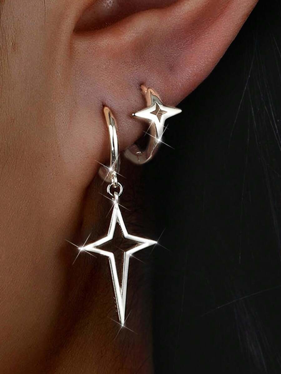 ジュエリー レディース イヤーアクセサリー セット 非対称925シルバーイヤリングセット、滑らかな四角形のスター型イヤリング、女性拍卖