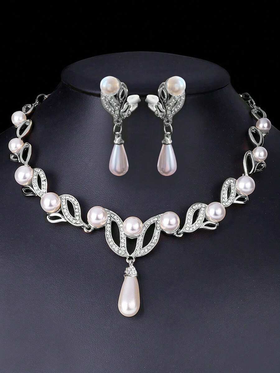 ジュエリー レディース セット ウェディング ジュエリーセット 3点セット ホワイトゴールド カラー クリップオン ピアス ネック拍卖