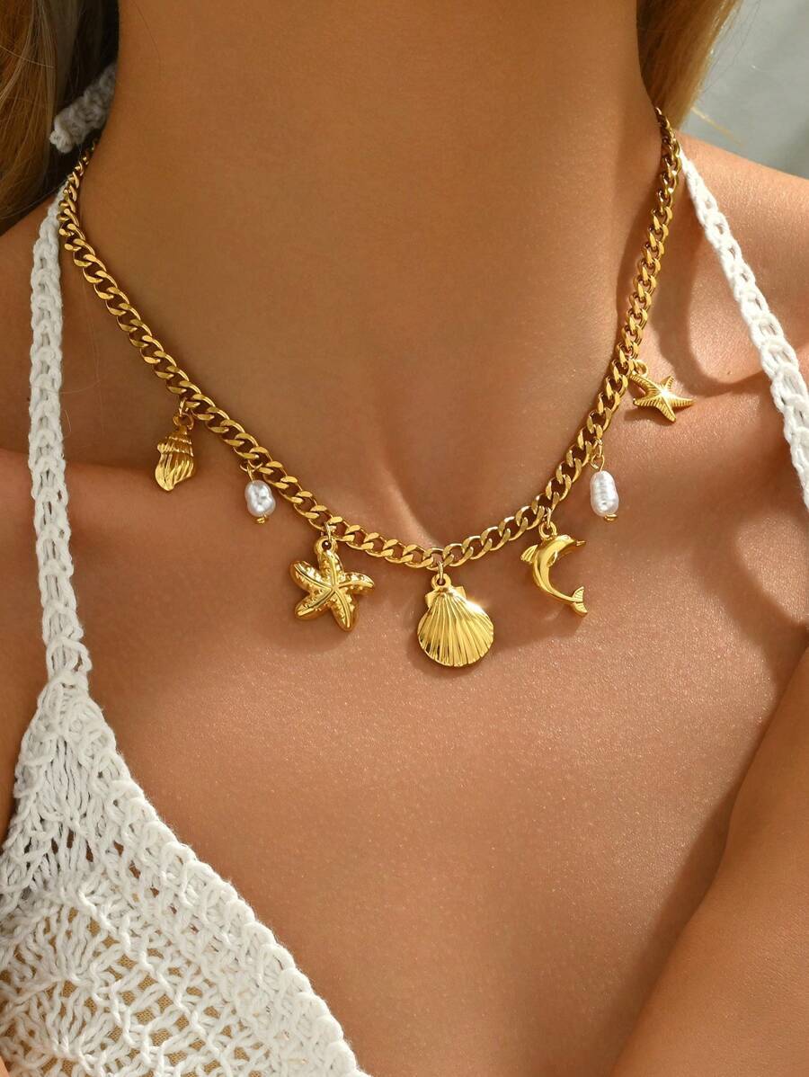 ジュエリー レディース ネックレス チョーカー 真珠、ヒトデ、貝殻ジオメトリック ペンダントネックレス 18Kゴールドメッキ ハン拍卖