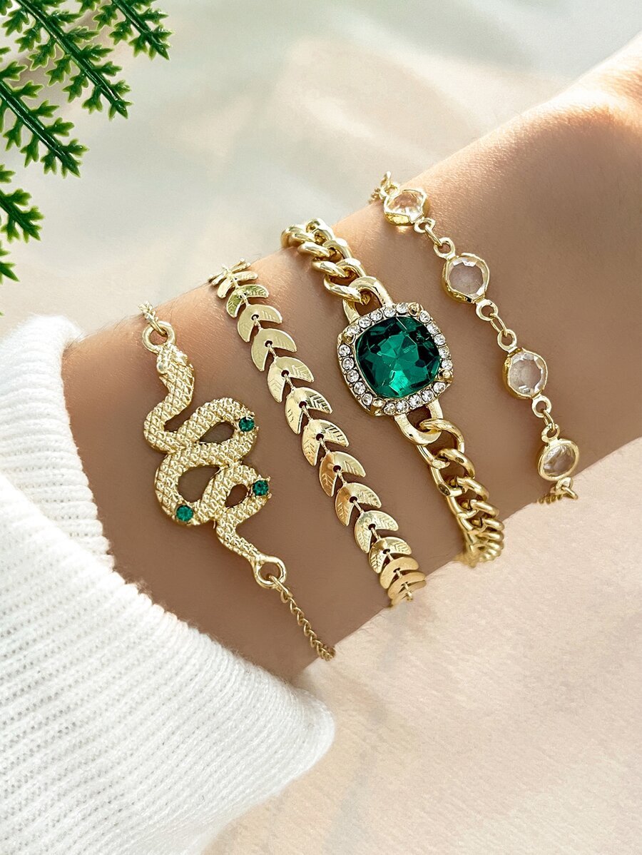 ジュエリー レディース ブレスレット セット ヴィンテージ蛇柄ラインストーンデコレーション女性用ジュエリーセット、グリーンアゲート拍卖