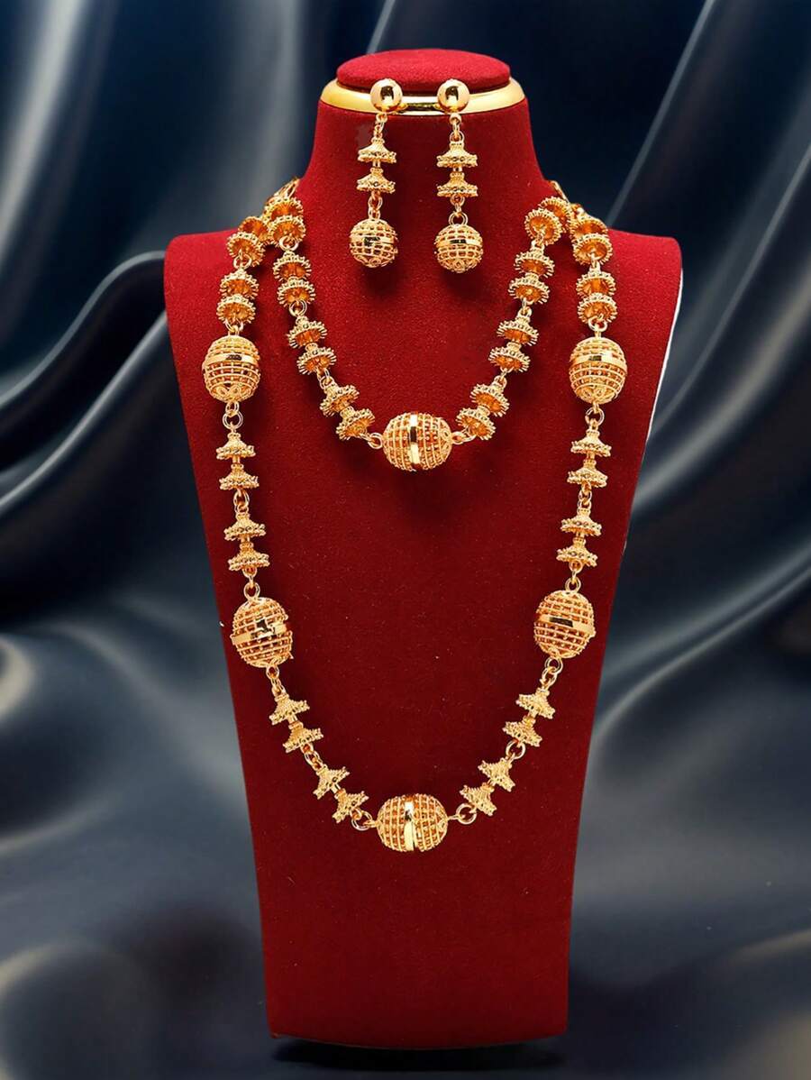 ジュエリー レディース セット 24金メッキ中空球ネックレス+ピアスセット2個、高品質中東ジュエリーセット女性用、ドバイのバンケッ拍卖