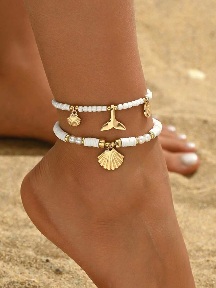 ジュエリー レディース フットアクセサリー 夏の海テイスト メタルアロイ貝殻&魚の尾飾り アンクレット2個セット、ガラスの白ビーズ拍卖