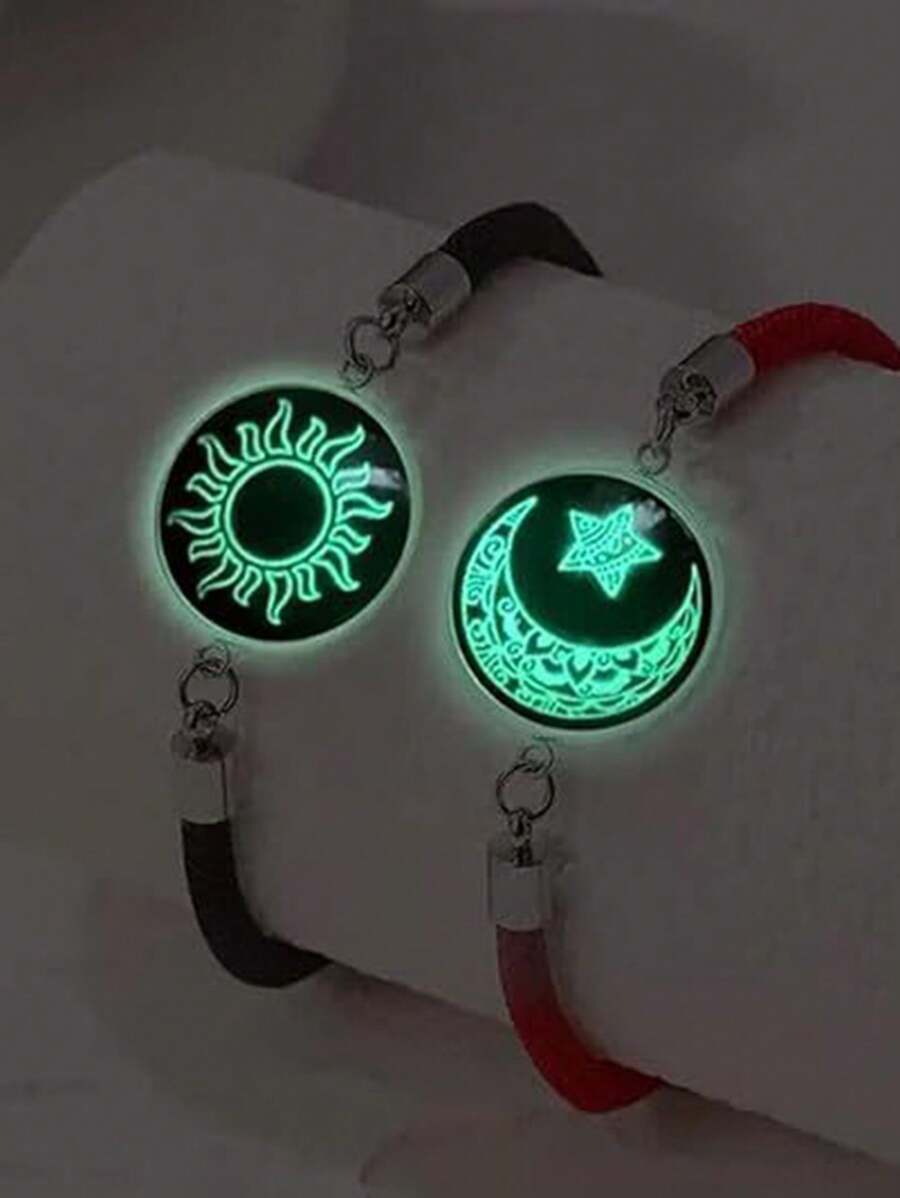ジュエリー レディース ブレスレット セット 2個セット ハンドメイド 太陽と月と星のガラス製発光カップルブレスレット、彼/彼女へ拍卖