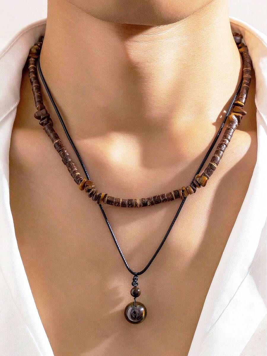 ジュエリー メンズ ネックレス セット 男性用ビンテージとボヘミアン風ココナッツシェル、ターコイズと木製ビーズネックレス2個セット拍卖