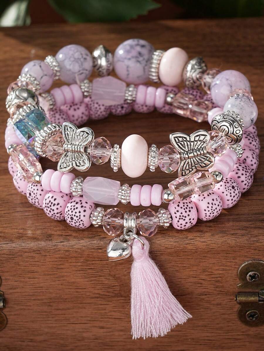 ジュエリー レディース ブレスレット セット バタフライ、タッセル、ハートのペンダントと菩提樹ビーズブレスレットのセット3個 バレ拍卖