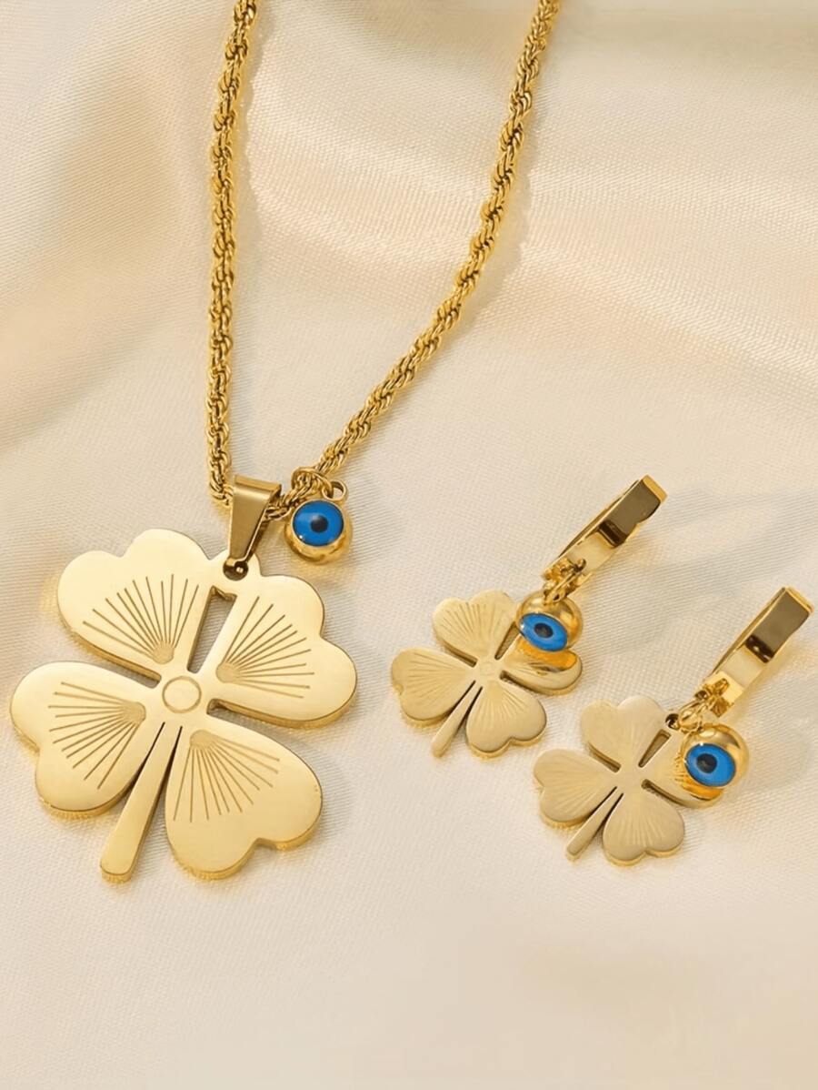 ジュエリー レディース セット 3個セット ステンレス製 18Kゴールドメッキ クローバーペンダントネックレス&ピアスセット、ミニ拍卖