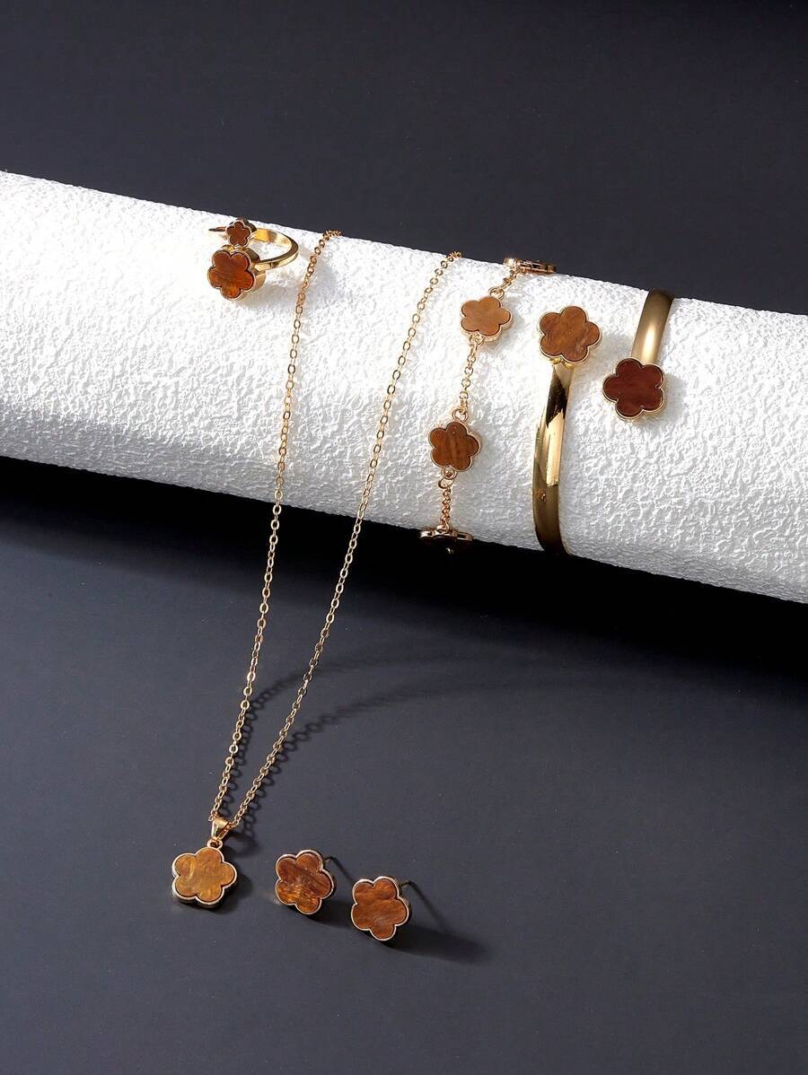 ジュエリー レディース セット 5枚の花びらの可愛らしいジュエリーセット 6点入り(ピアス、ネックレス、ブレスレット、リング) バ拍卖