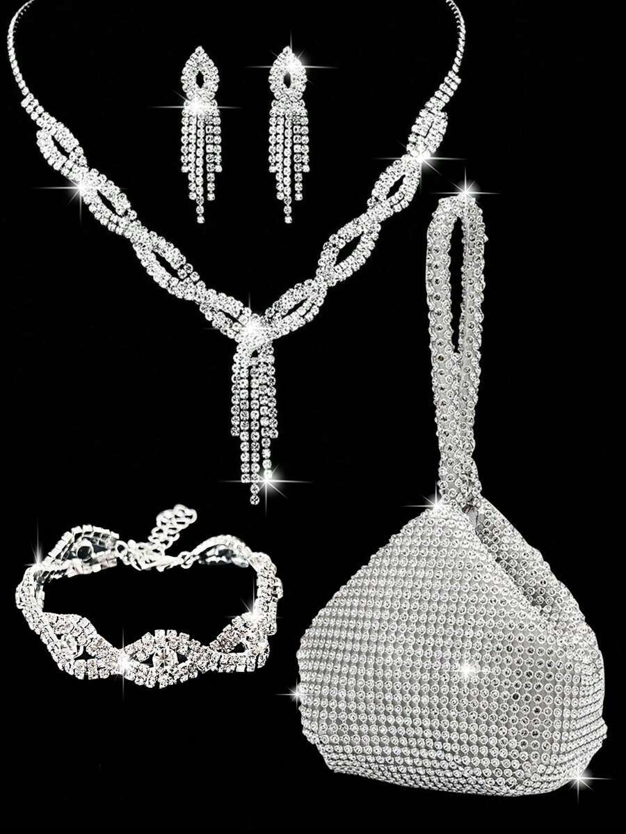 ジュエリー レディース セット 4点セット ラインストーン ジュエリーセット、ネックレス、ピアス、ブレスレット、女性用、ブライダル拍卖