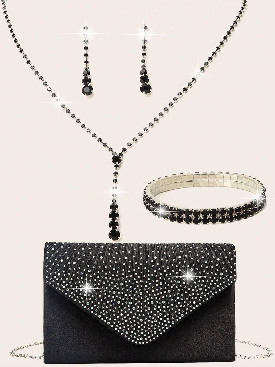 ジュエリー レディース セット 女性用ラインストーン付きイブニングクラッチバッグ、ラインストーン付きイヤークリップ、ブライダル・ウ拍卖