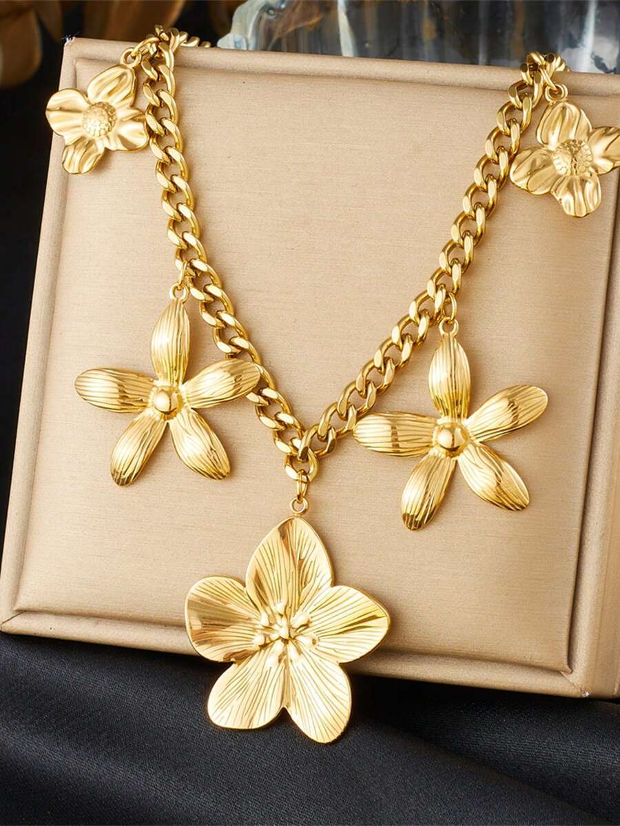 ジュエリー レディース ネックレス ペンダント 1個 金メッキ マルチフラワー ペンダント チャンキーチェーン ネックレス、ステン拍卖