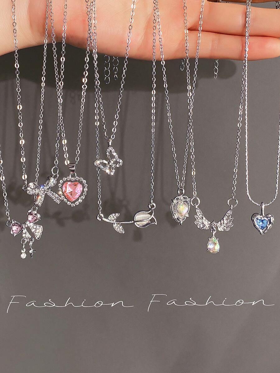 ジュエリー レディース ネックレス セット 5-8個入りセット Y2Kファッション クリスタルハート、蝶、チューリップ、ボウペンダ拍卖