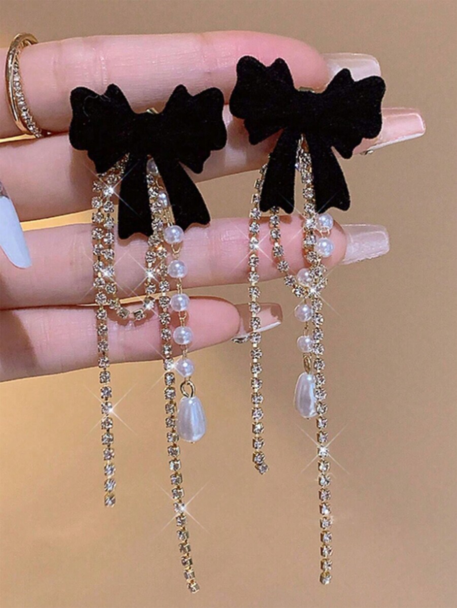 ジュエリー レディース イヤーアクセサリー 2個セット ブラック リボン フォークパール ピアス、豪華なラインストーン チェーンタ拍卖