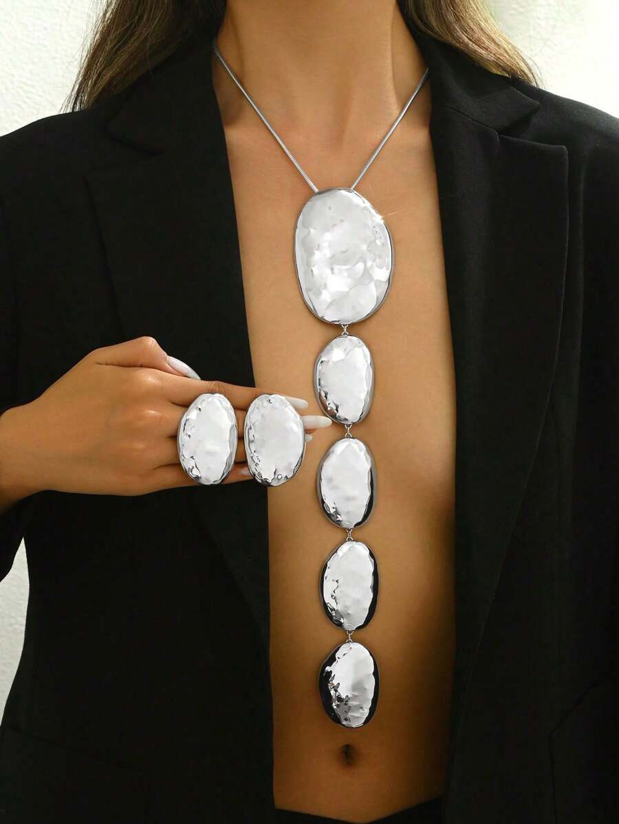 ジュエリー レディース セット 2個セット メタル幾何学 抽象的 非対称ハンマー仕上げペンダントネックレス、ファッションジュエリー拍卖