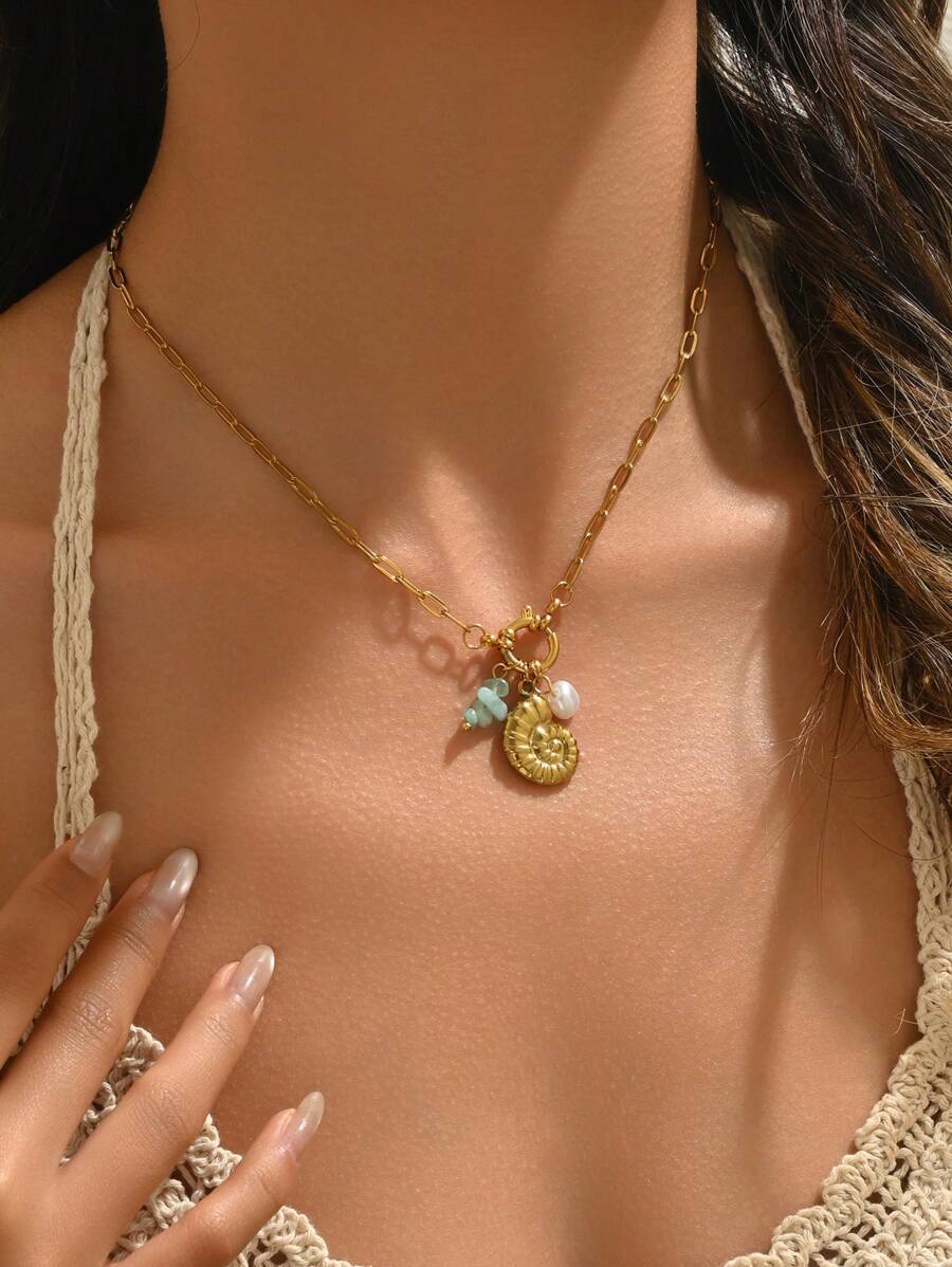 ジュエリー レディース ネックレス ペンダント 1個 18金メッキ シンプルな貝殻型ステンレススチールペンダントネックレス、レディ拍卖