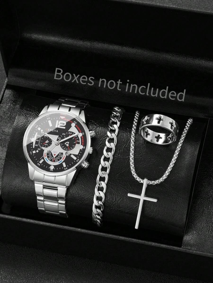 腕時計 メンズ セット メンズ 4点セット ステンレスバンド ビジネスファッション 数字ダイヤル クォーツ腕時計 + ブレスレット拍卖