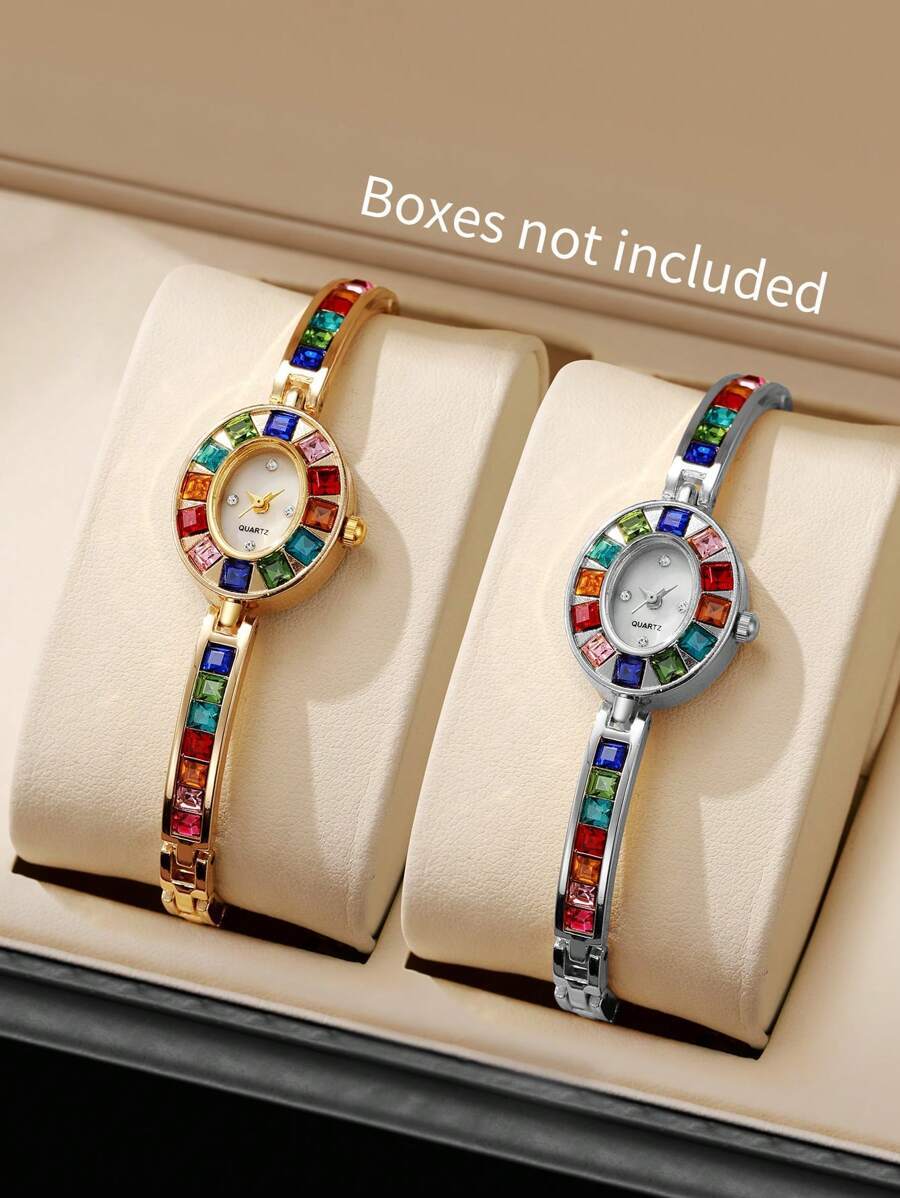 腕時計 レディース セット 2個セット レディース腕時計、ステンレスバンド、ミニマリストラインストーンダイヤル、ファッションクォー拍卖