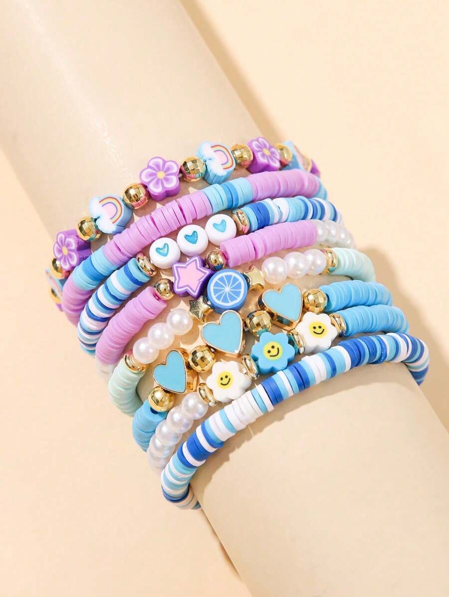 ジュエリー レディース ブレスレット セット 火の青虹の花 &ハート グレープフルーツ ソフトクレー ビーズ マルチレイヤー ブレ拍卖