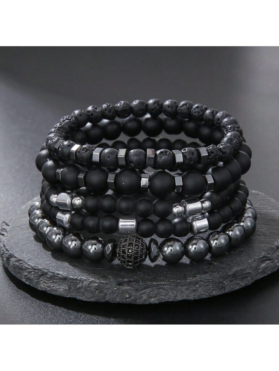 ジュエリー メンズ ブレスレット セット マットラヴァストーンビーズブレスレット5個セット ビーズの間にはスペーサービーズ、ライン拍卖