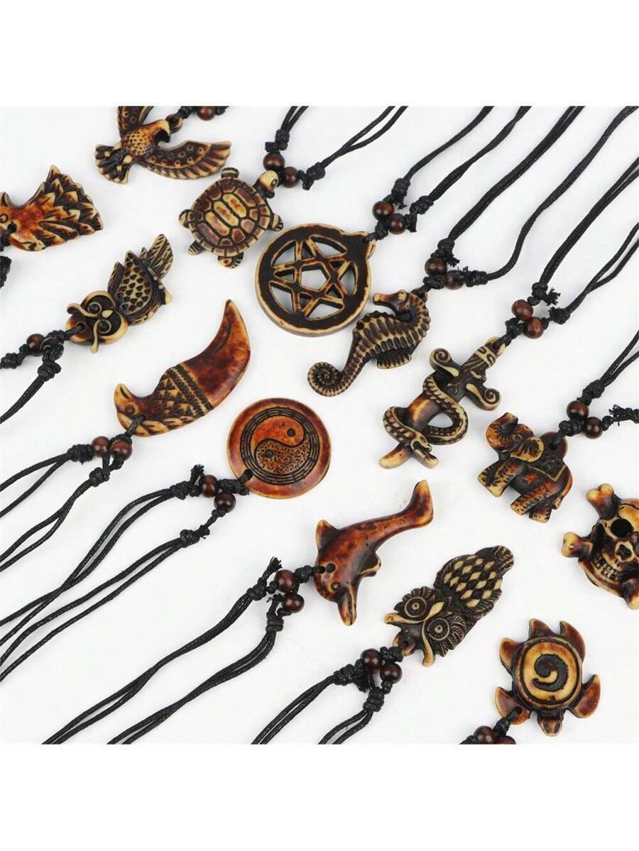 ジュエリー メンズ ネックレス レトロな亀、鷲、イルカのレジン製ペンダントネックレス 10個セット。男性の日常着、旅行、パーティー拍卖