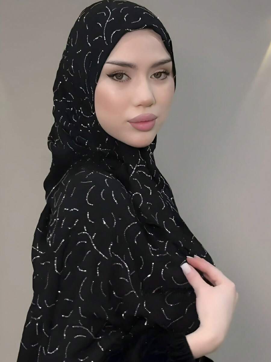 アクセサリー レディース スカーフ 1枚 カジュアル 無地 幾何学柄 非対称 ラインストーン装飾 サテンヒジャブスカーフ、日常使い拍卖