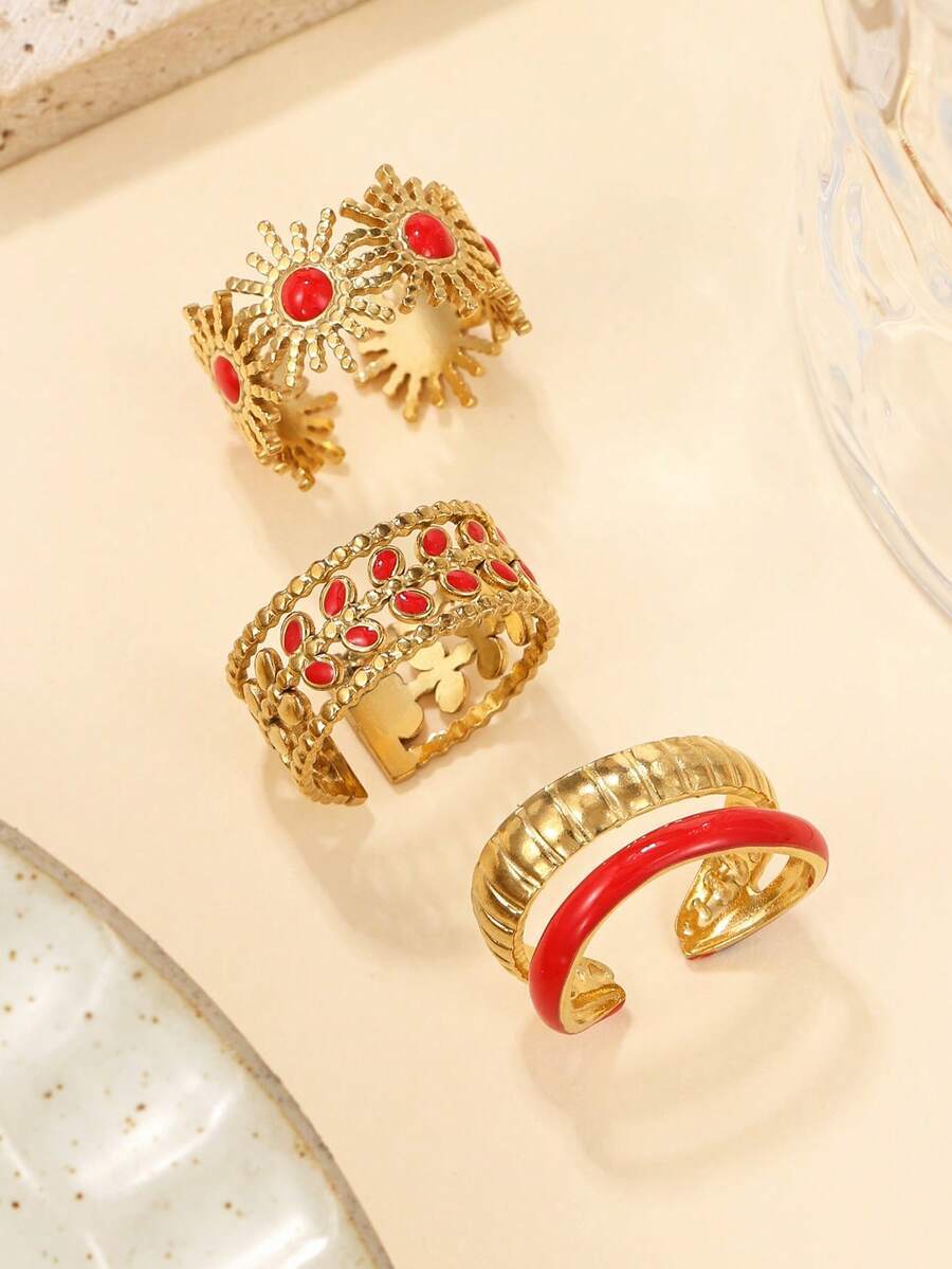 リング レディース セット ファッショナブルでミニマルなステンレススチールの赤いティアドロップリング3個セット、デイリーウェアやレ拍卖