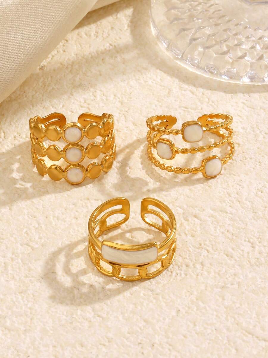 リング レディース セット ステンレススチール ファッションドリップオイル 幾何学オープンリング 3ピースセット、女性の日常着に適拍卖