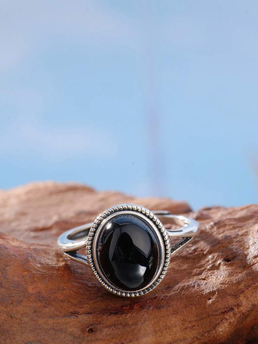 リング レディース シングル 天然ブラックオニキス 925シルバー リング 10x8mm オーバルストーン ミルグレイン&シードビ拍卖